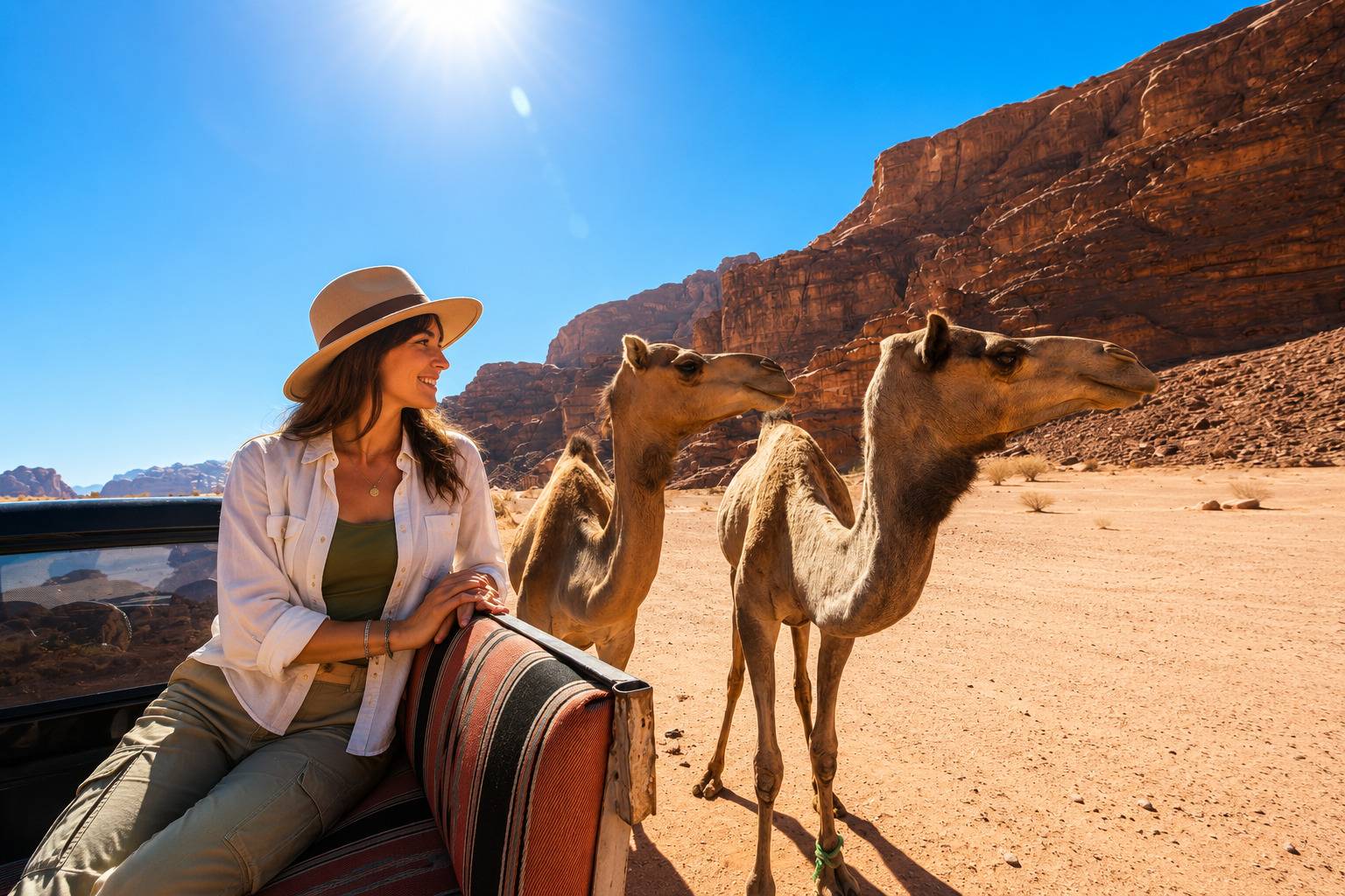 Female Tourist With Camels Wadi Rum