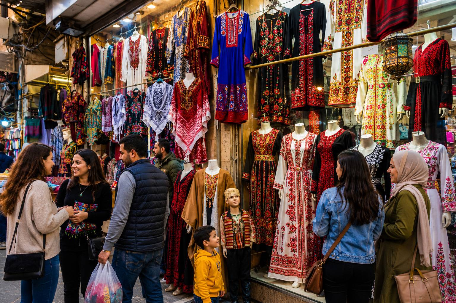 Visitors Exploring A Traditional Jordanian Clothing Market
