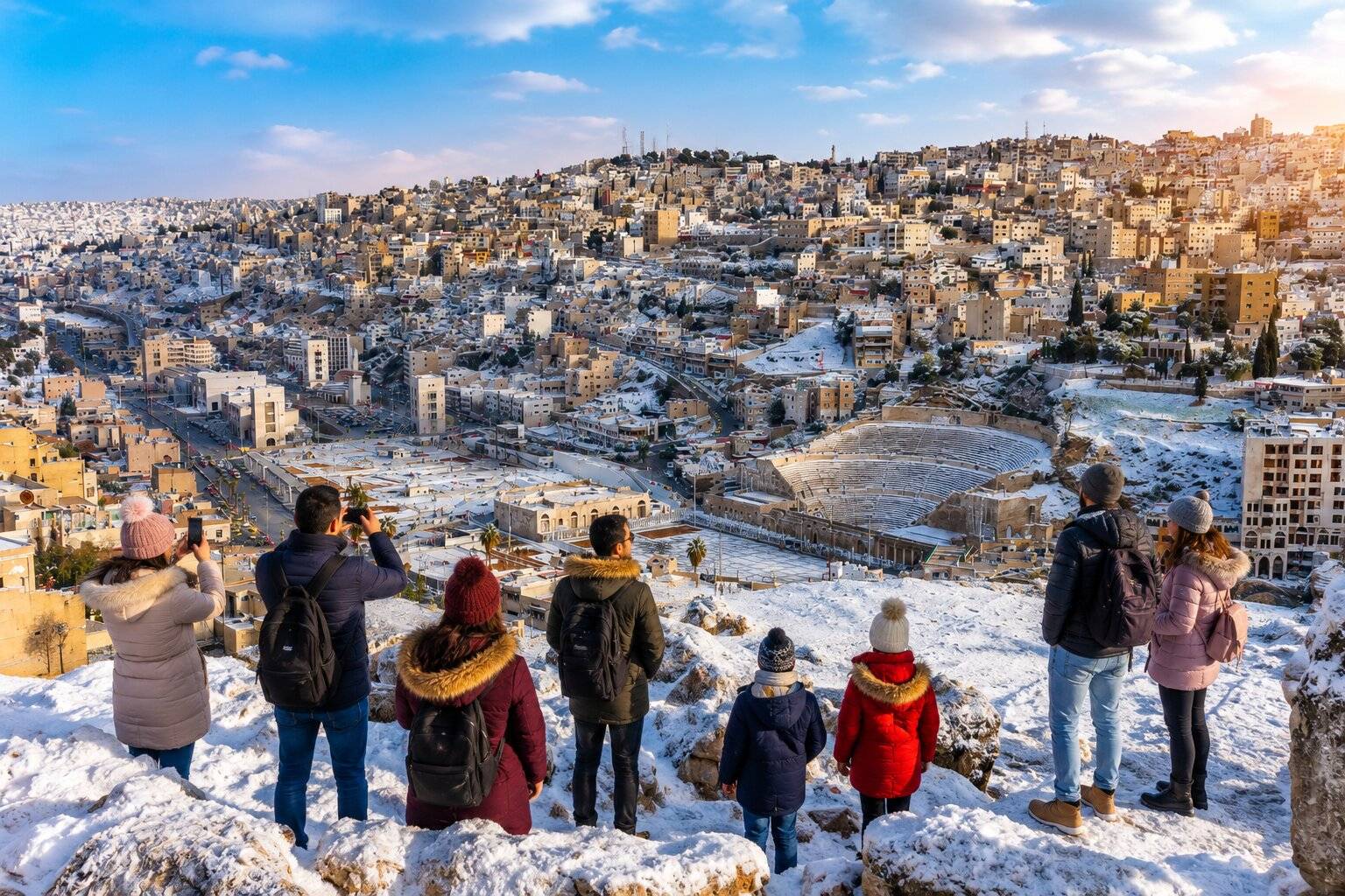 Visitors Overlooking The Snowy Amman Cityscape